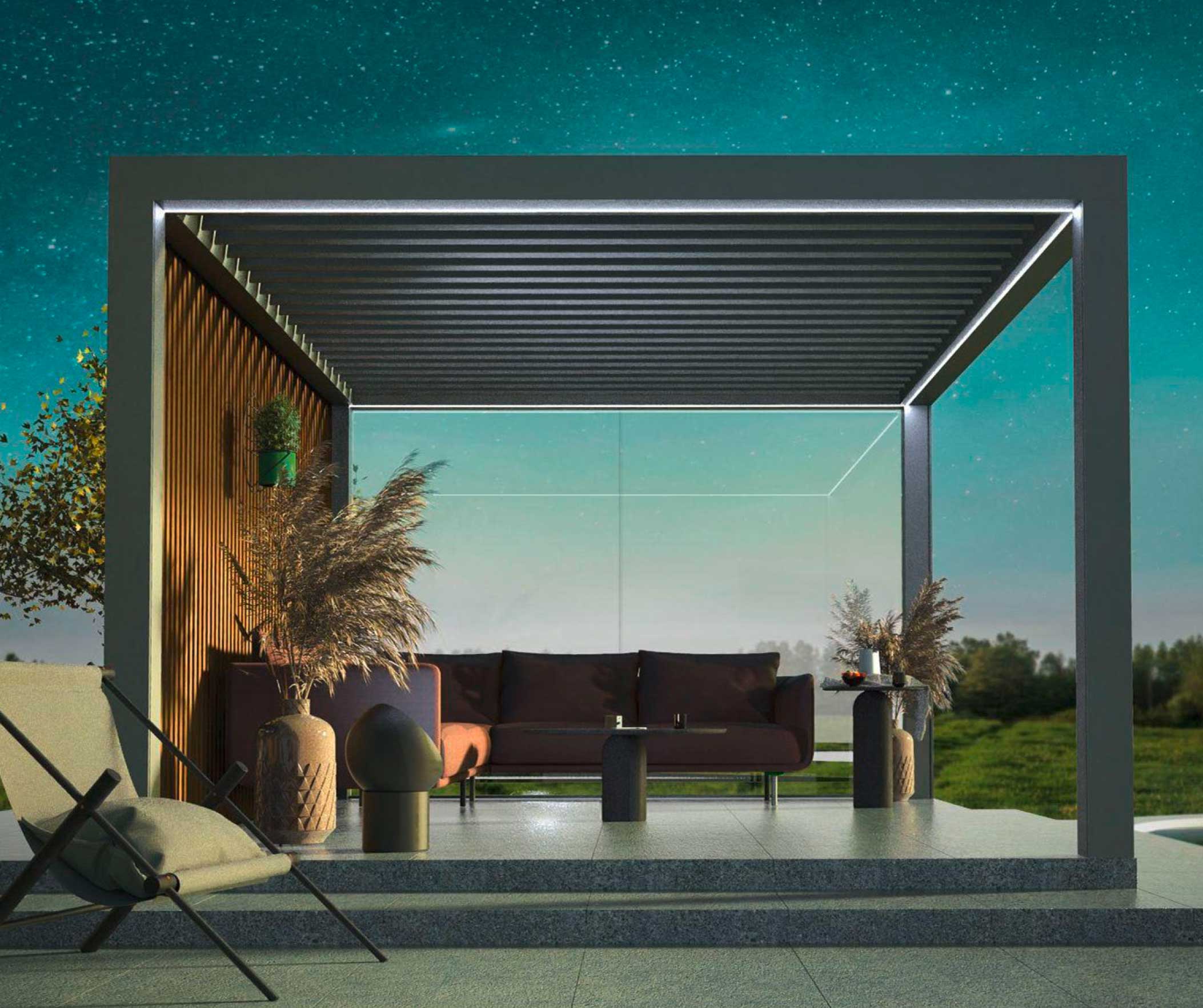 Eine moderne Solar Pergola mit integrierten Solarpaneelen auf einer Terrasse.